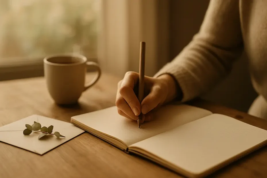 Mano escribiendo una carta terapéutica en un cuaderno, luz cálida
