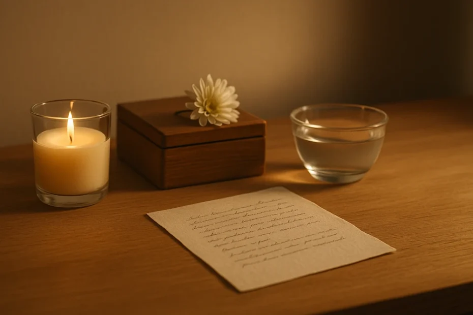 ela encendida y foto familiar sobre mesa, ritual de despedida sencillo en casa